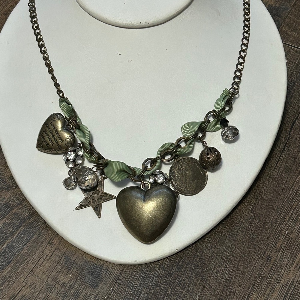 Antique Bronze Luke 10:27 Heart Charm Necklace Green Ribbon Crystal 24 Inch